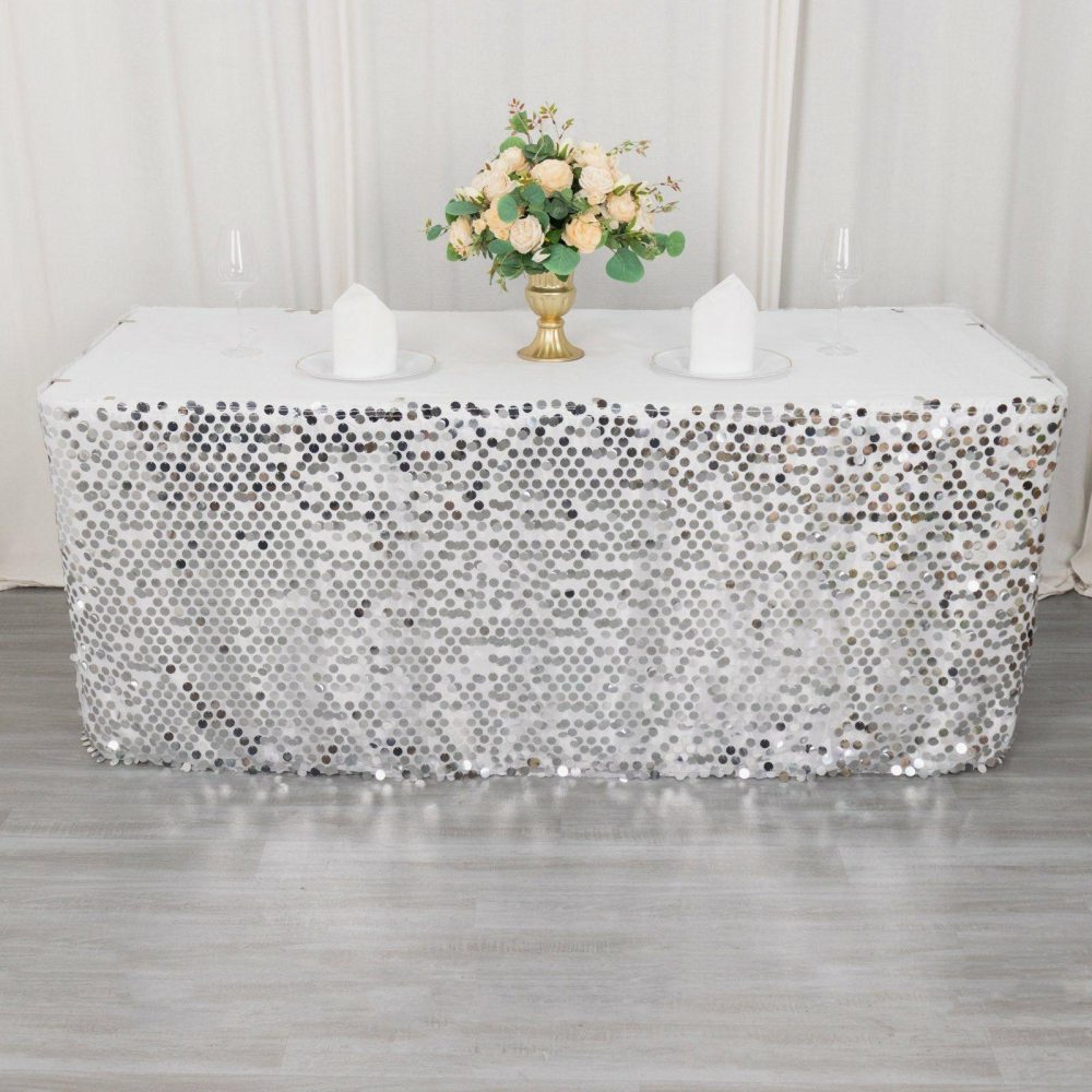 Silver Premium Big Payette Sequin Dual Layered Satin Table Skirt 21ft  |   Satin Shimmer Satin Shimmer Satin Shimmer