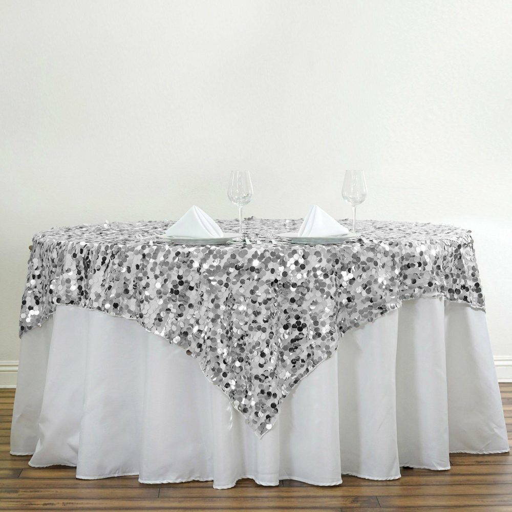 Silver Premium Big Payette Sequin Square Table Overlay 72″x72″  |   Sequin Sequin Sequin