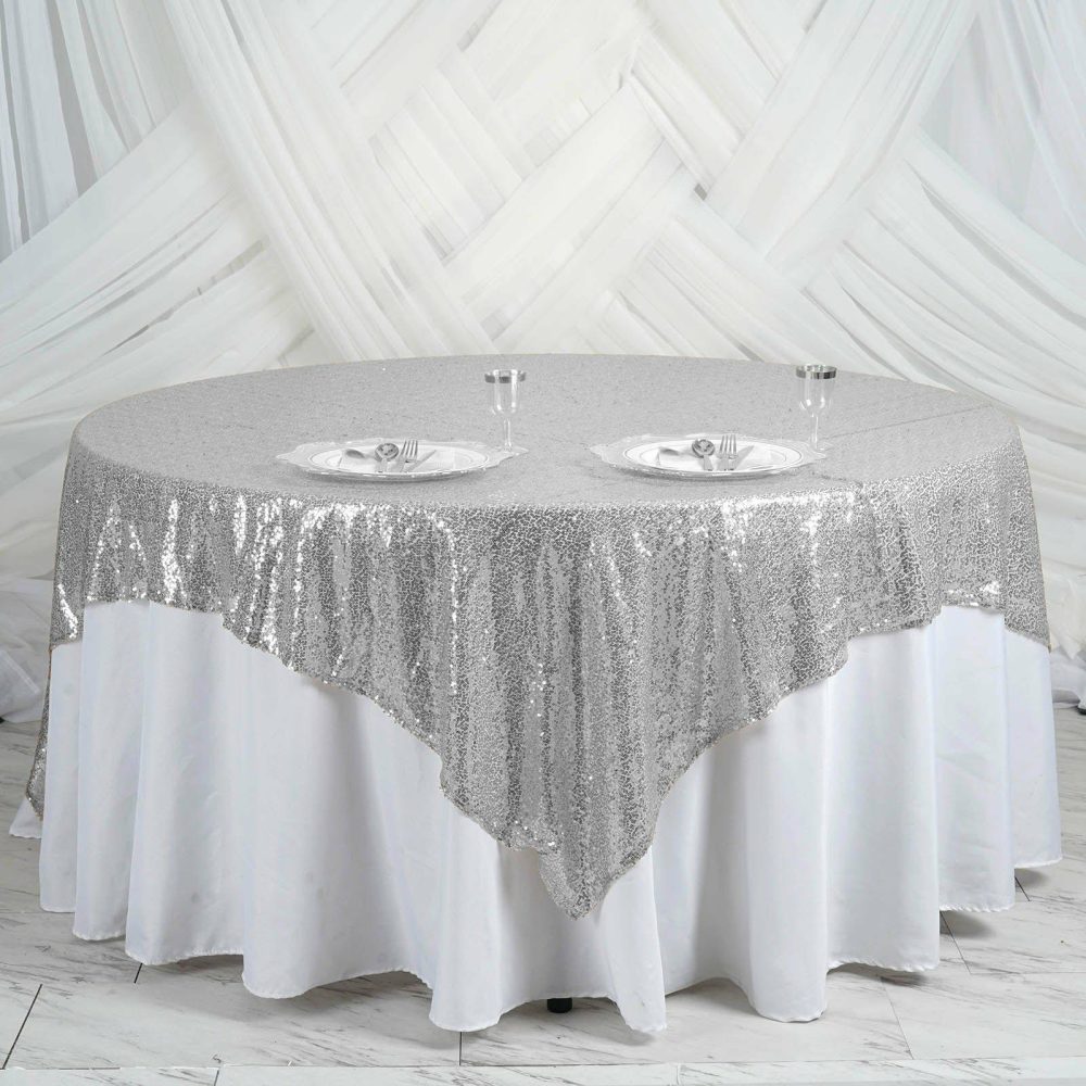 Silver Premium Sequin Square Table Overlay, Sparkly Table Overlay 90″x90″  |   Sequin Sequin Sequin