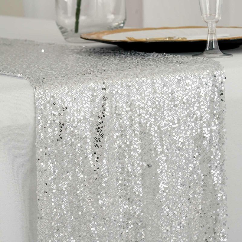 Silver Premium Sequin Table Runner 12″x108″  |   Sequin Table Runners Sequin