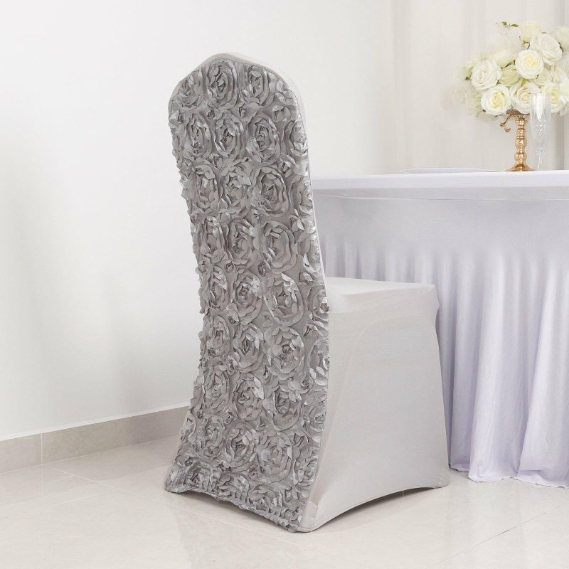 Silver Satin Rosette Spandex Stretch Banquet Chair Cover, Fitted Slip On Chair Cover  |   Spandex Fitted Banquet Chair Covers Silver