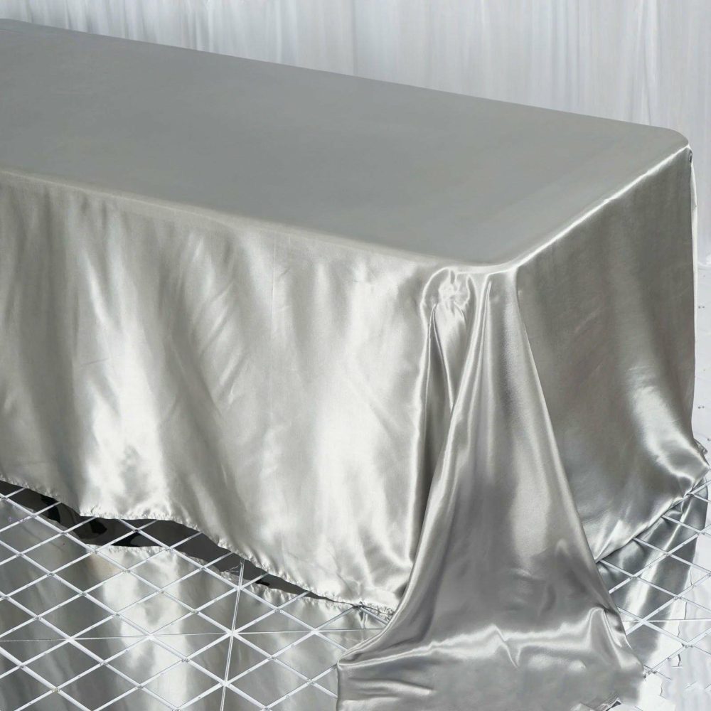 Silver Satin Seamless Rectangular Tablecloth 90″x132″ for 6 Foot Table With Floor-Length Drop  |   Satin Satin Satin