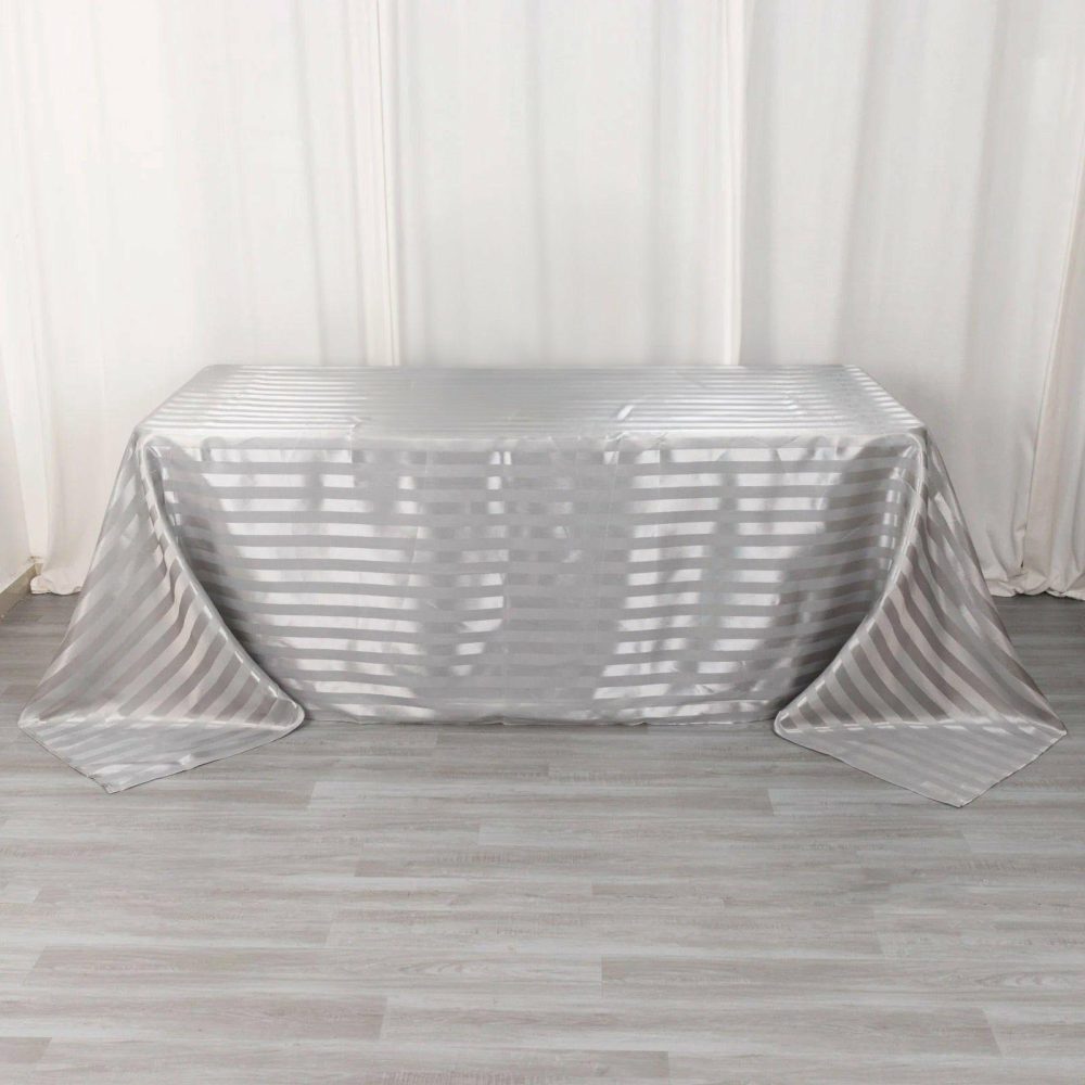 Silver Satin Stripe Seamless Rectangular Tablecloth 90″x132″ for 6 Foot Table With Floor-Length Drop  |   Satin Satin Satin