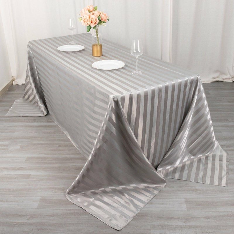 Silver Satin Stripe Seamless Rectangular Tablecloth 90″x132″ for 6 Foot Table With Floor-Length Drop  |   Satin Satin Satin