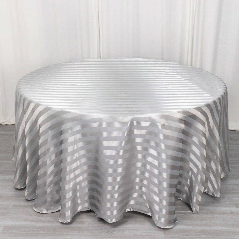 Silver Satin Stripe Seamless Round Tablecloth 120″ for 5 Foot Table With Floor-Length Drop  |   Satin Tablecloths Satin