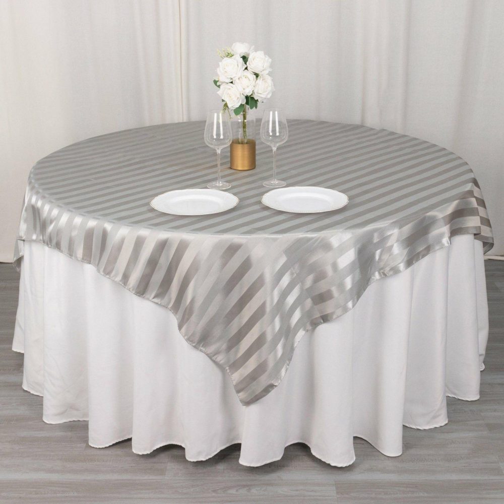 Silver Satin Stripe Square Table Overlay, Smooth Elegant Table Topper 72″x72″  |   Satin & Taffeta Satin & Taffeta Satin & Taffeta