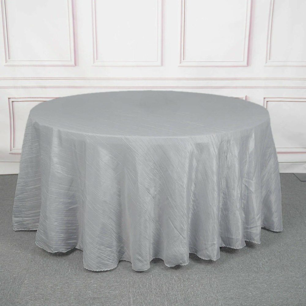 Silver Seamless Accordion Crinkle Taffeta Round Tablecloth 120″ for 5 Foot Table With Floor-Length Drop  |   Pintuck, Crinkle & Leaf Pintuck, Crinkle & Leaf Pintuck, Crinkle & Leaf