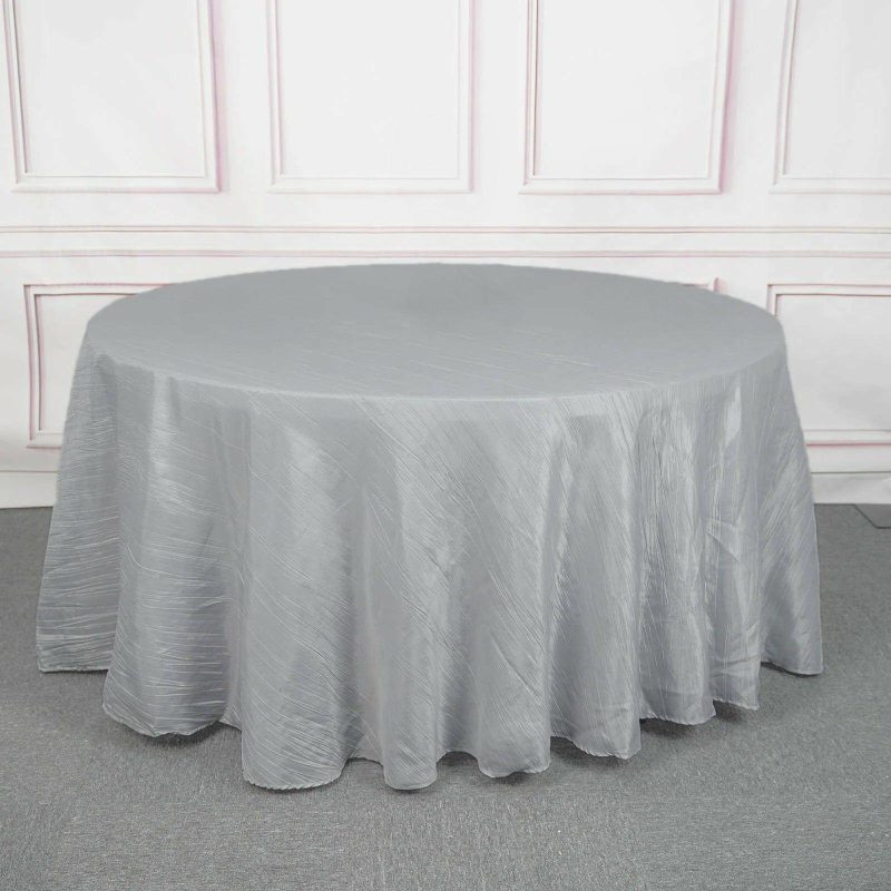 Silver Seamless Accordion Crinkle Taffeta Round Tablecloth 120″ for 5 Foot Table With Floor-Length Drop  |   Pintuck, Crinkle & Leaf Pintuck, Crinkle & Leaf Pintuck, Crinkle & Leaf