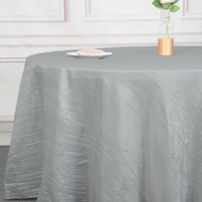 Silver Seamless Accordion Crinkle Taffeta Round Tablecloth 120″ for 5 Foot Table With Floor-Length Drop  |   Pintuck, Crinkle & Leaf Pintuck, Crinkle & Leaf Pintuck, Crinkle & Leaf