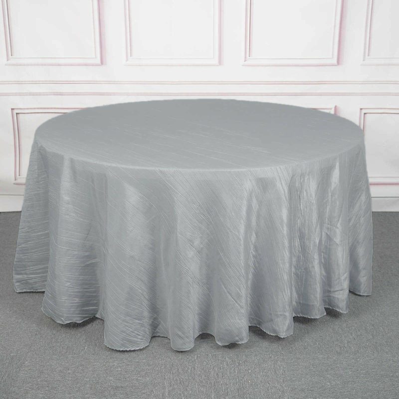 Silver Seamless Accordion Crinkle Taffeta Round Tablecloth 120″ for 5 Foot Table With Floor-Length Drop  |   Pintuck, Crinkle & Leaf Pintuck, Crinkle & Leaf Pintuck, Crinkle & Leaf