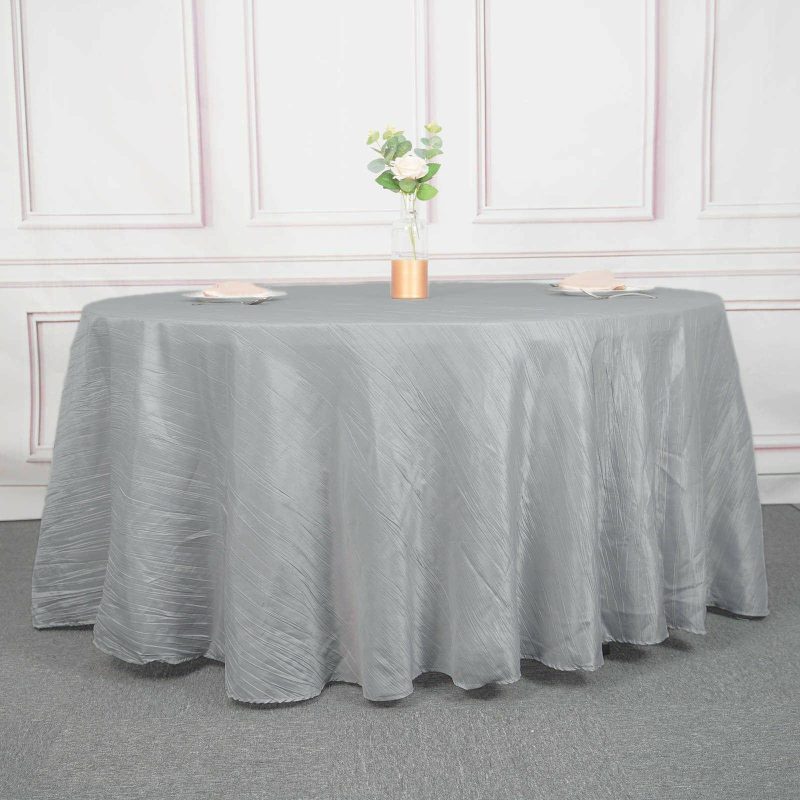 Silver Seamless Accordion Crinkle Taffeta Round Tablecloth 120″ for 5 Foot Table With Floor-Length Drop  |   Pintuck, Crinkle & Leaf Pintuck, Crinkle & Leaf Pintuck, Crinkle & Leaf