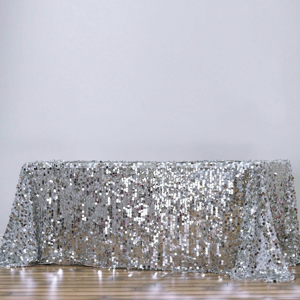 Silver Seamless Big Payette Sequin Rectangle Tablecloth Premium 90″x156″ for 8 Foot Table With Floor-Length Drop  |   Sequin Sequin Sequin