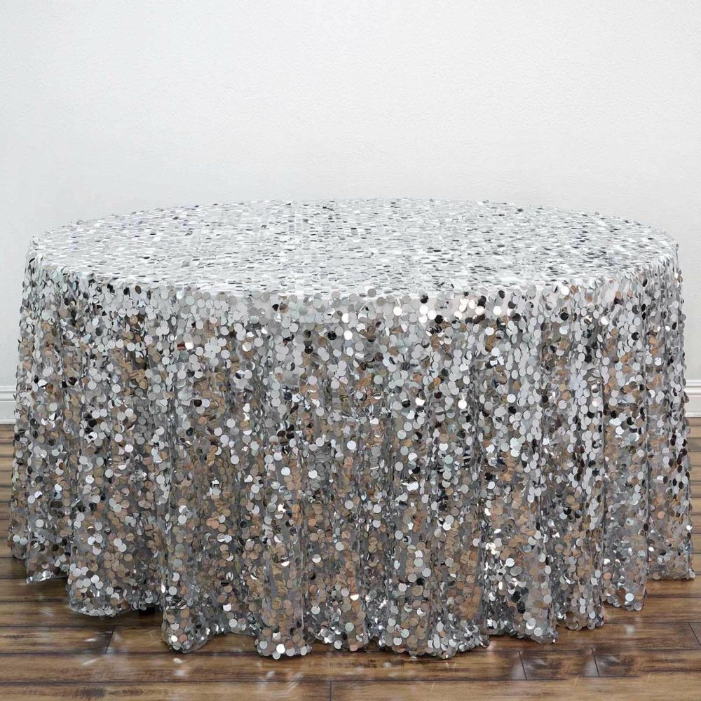 Silver Seamless Big Payette Sequin Round Tablecloth Premium Collection 120″ for 5 Foot Table With Floor-Length Drop  |   Sequin Sequin Sequin