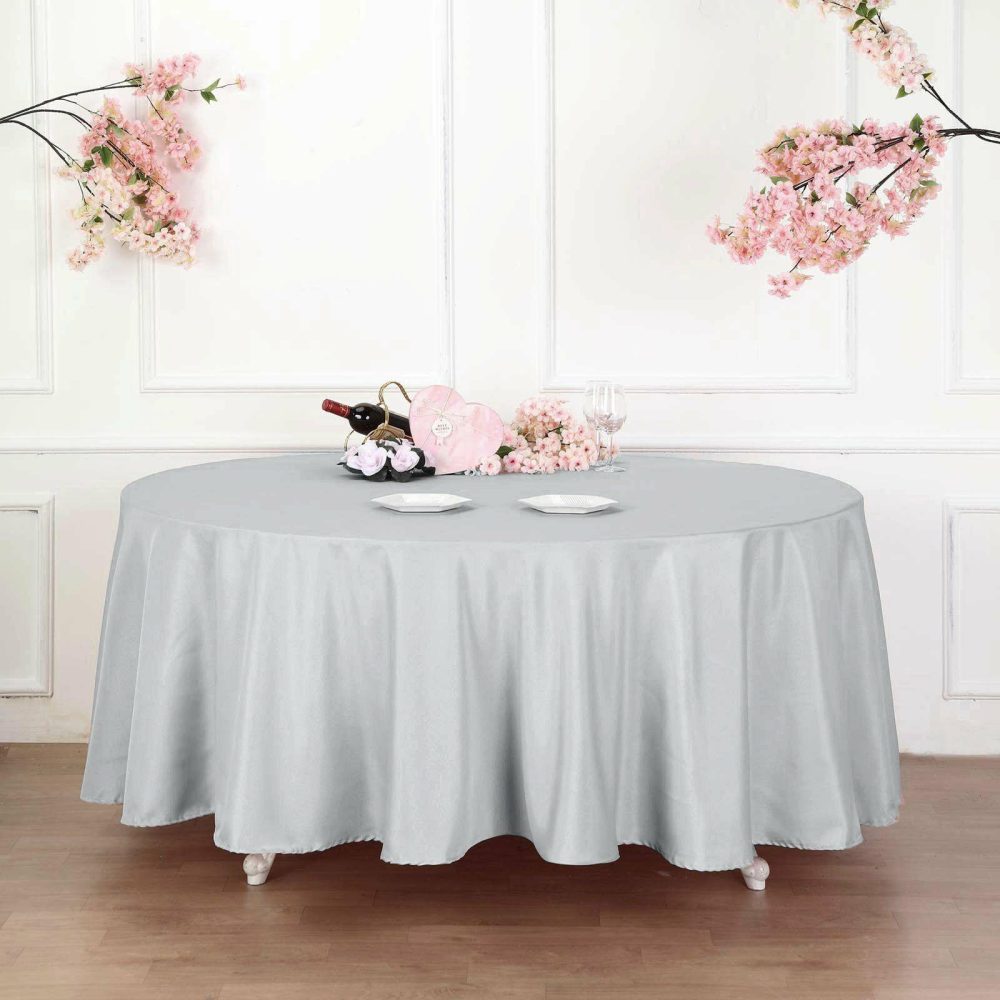 Silver Seamless Polyester Round Tablecloth 132″ for 6 Foot Table With Floor-Length Drop  |   Polyester Polyester Polyester