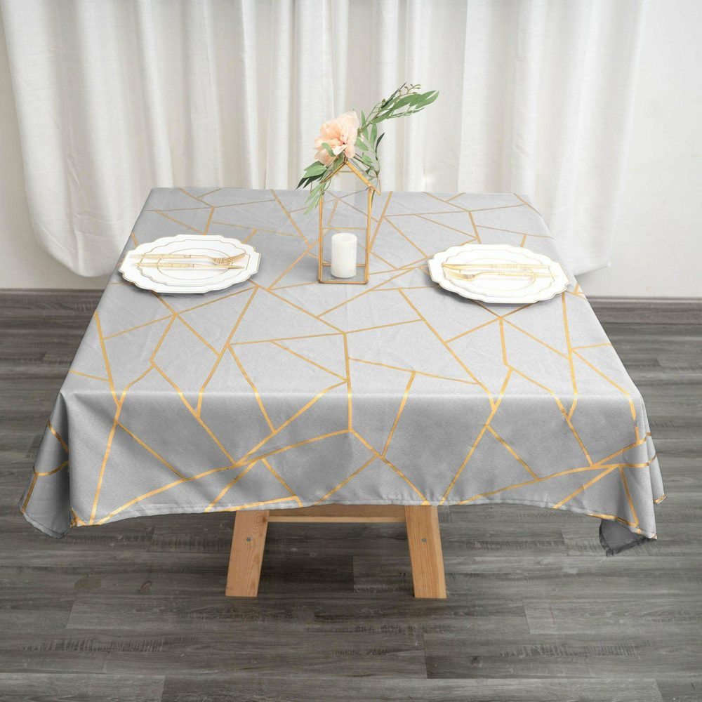 Silver Seamless Polyester Square Tablecloth With Gold Foil Geometric Pattern 54″x54″  |   Polyester Polyester Polyester