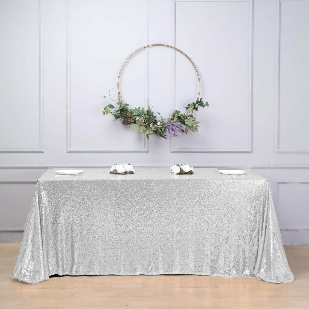 Silver Seamless Premium Sequin Rectangle Tablecloth 90×156″ for 8 Foot Table With Floor-Length Drop  |   Sequin Sequin Sequin