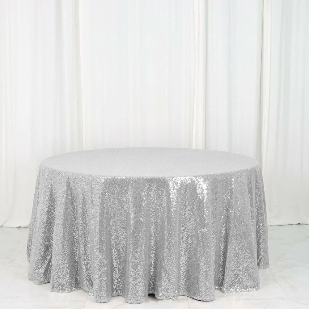 Silver Seamless Premium Sequin Round Tablecloth 120″ for 5 Foot Table With Floor-Length Drop  |   Sequin Sequin Sequin