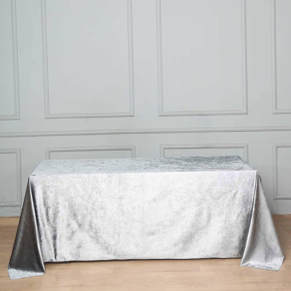 Silver Seamless Premium Velvet Rectangle Tablecloth, Reusable Linen 90″x132″ for 6 Foot Table With Floor-Length Drop  |   Velvet & Flocking Tablecloths Silver