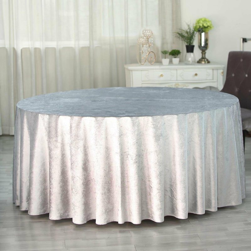 Silver Seamless Premium Velvet Round Tablecloth, Reusable Linen 120″ for 5 Foot Table With Floor-Length Drop  |   Velvet & Flocking Tablecloths Silver