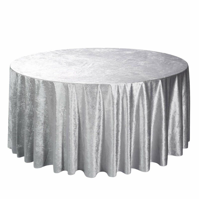 Silver Seamless Premium Velvet Round Tablecloth, Reusable Linen 120″ for 5 Foot Table With Floor-Length Drop  |   Velvet & Flocking Tablecloths Silver