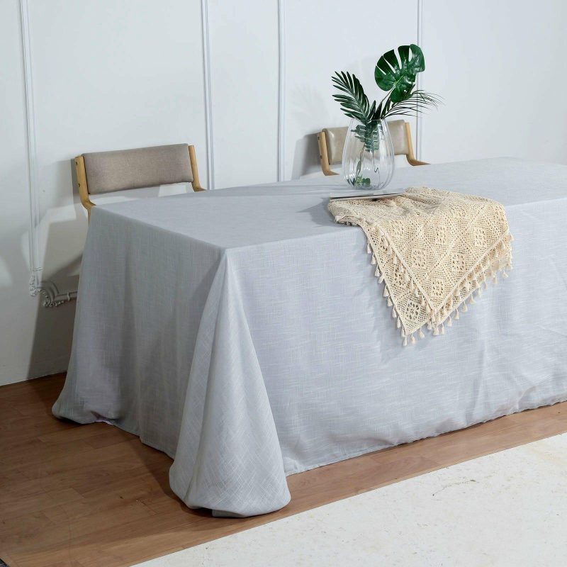 Silver Seamless Rectangular Tablecloth, Linen Table Cloth With Slubby Textured, Wrinkle Resistant 90″x132″ for 6 Foot Table With Floor-Length Drop  |   Jute Burlap & Lace Jute Burlap & Lace Jute Burlap & Lace