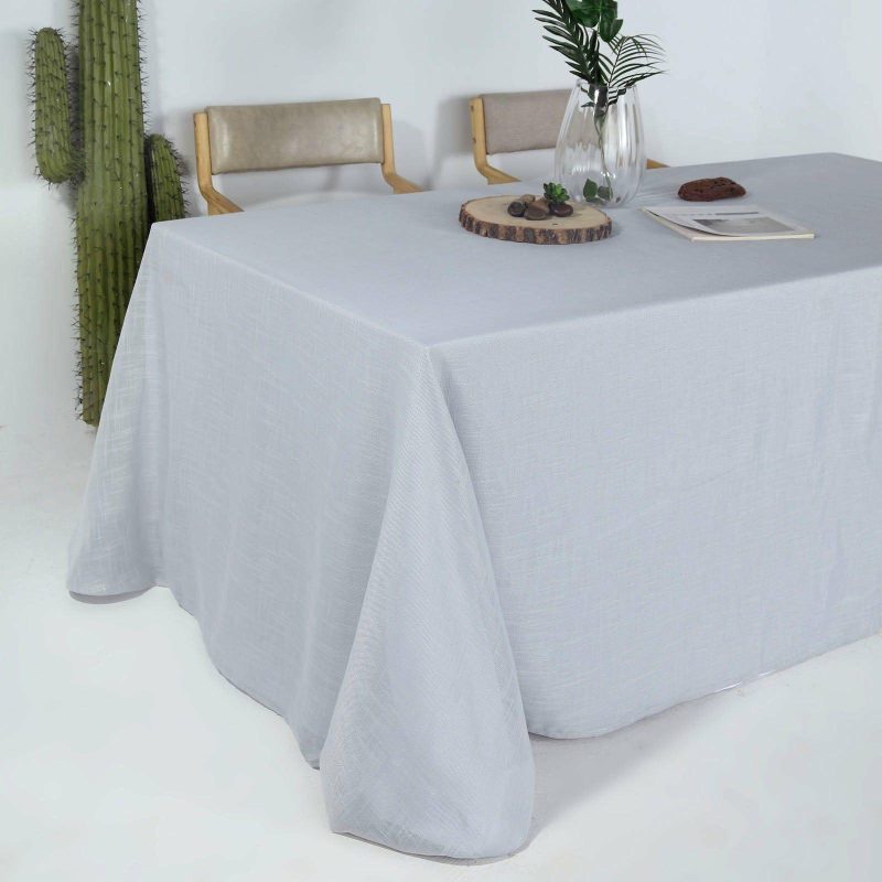 Silver Seamless Rectangular Tablecloth, Linen Table Cloth With Slubby Textured, Wrinkle Resistant 90″x132″ for 6 Foot Table With Floor-Length Drop  |   Jute Burlap & Lace Jute Burlap & Lace Jute Burlap & Lace