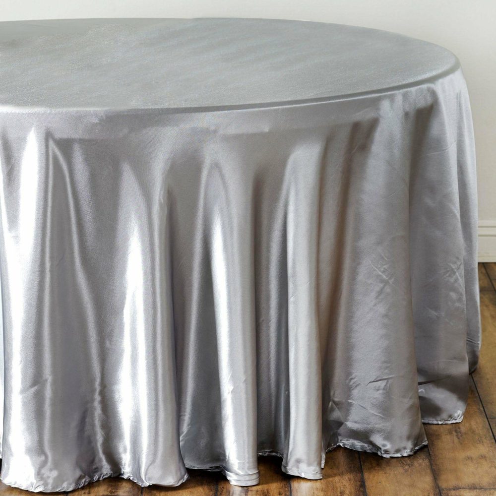 Silver Seamless Satin Round Tablecloth 108″  |   Satin Satin Satin