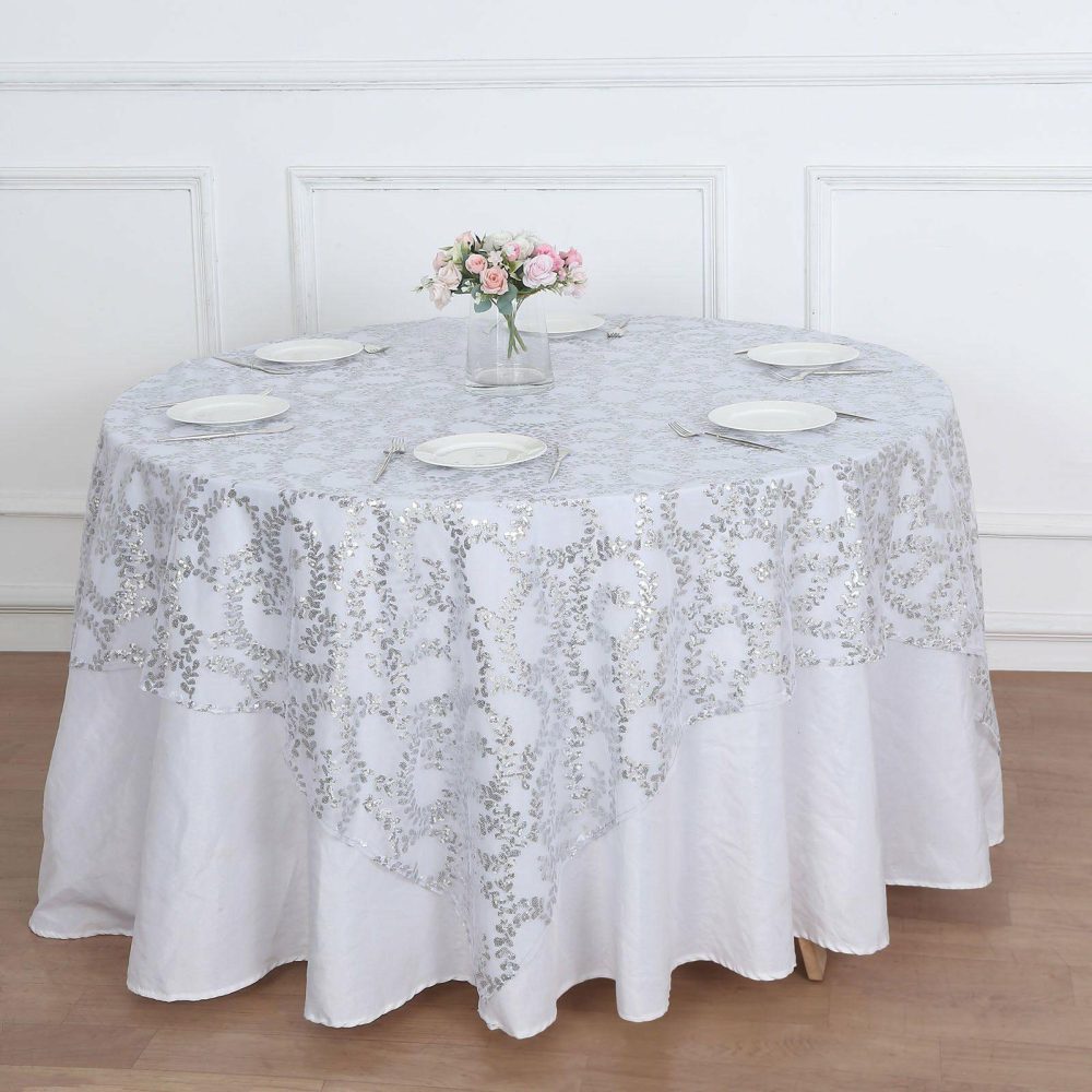 Silver Sequin Leaf Embroidered Seamless Tulle Table Overlay, Square Sheer Table Topper 72″x72″  |   Sequin Sequin Sequin