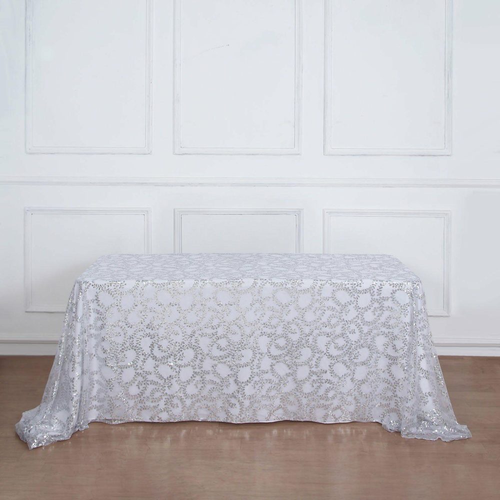 Silver Sequin Leaf Embroidered Tulle Rectangular Tablecloth 90″x156″ for 8 Foot Table With Floor-Length Drop  |   Sequin Sequin Sequin