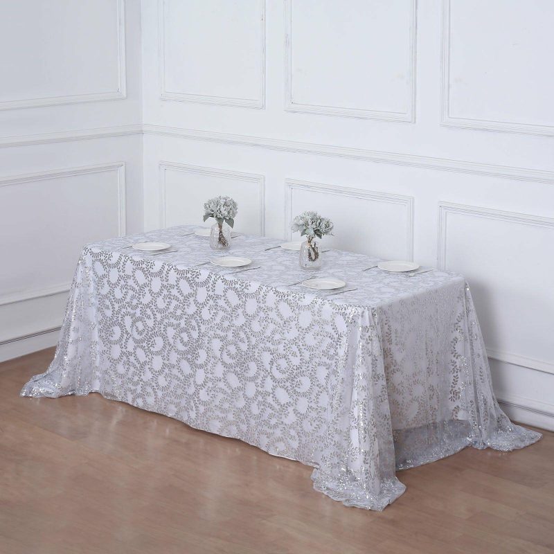 Silver Sequin Leaf Embroidered Tulle Rectangular Tablecloth 90″x156″ for 8 Foot Table With Floor-Length Drop  |   Sequin Sequin Sequin