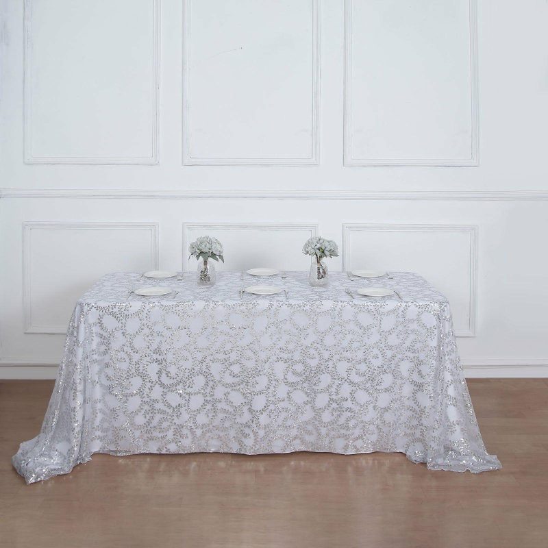 Silver Sequin Leaf Embroidered Tulle Rectangular Tablecloth 90″x156″ for 8 Foot Table With Floor-Length Drop  |   Sequin Sequin Sequin