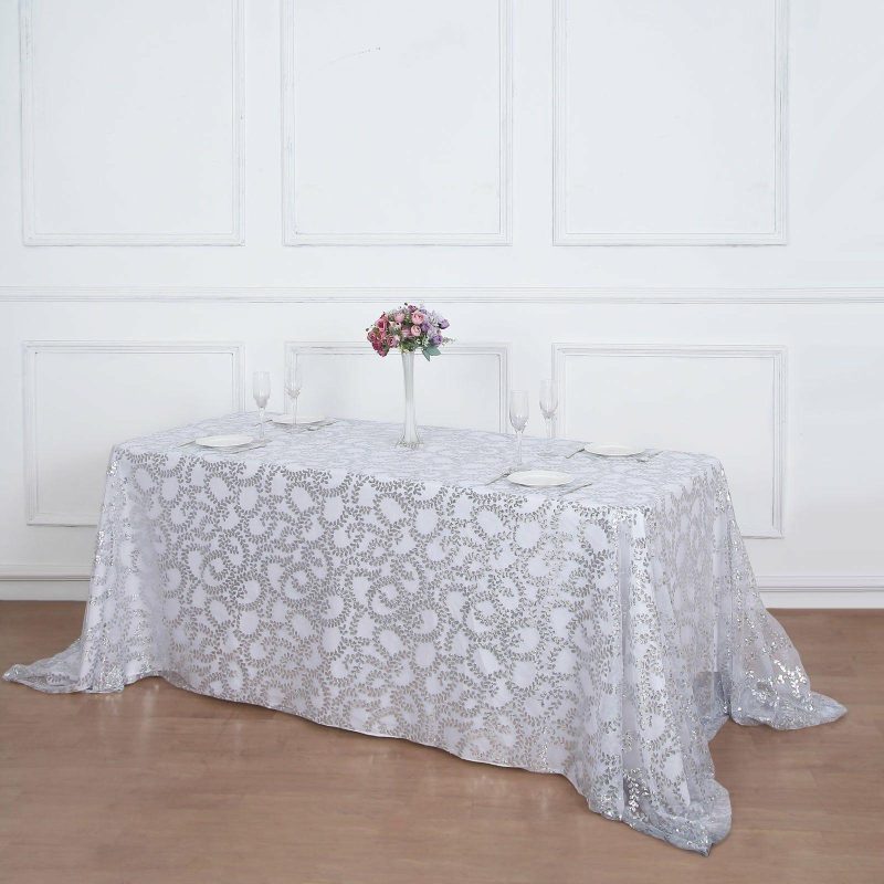 Silver Sequin Leaf Embroidered Tulle Rectangular Tablecloth 90″x156″ for 8 Foot Table With Floor-Length Drop  |   Sequin Sequin Sequin