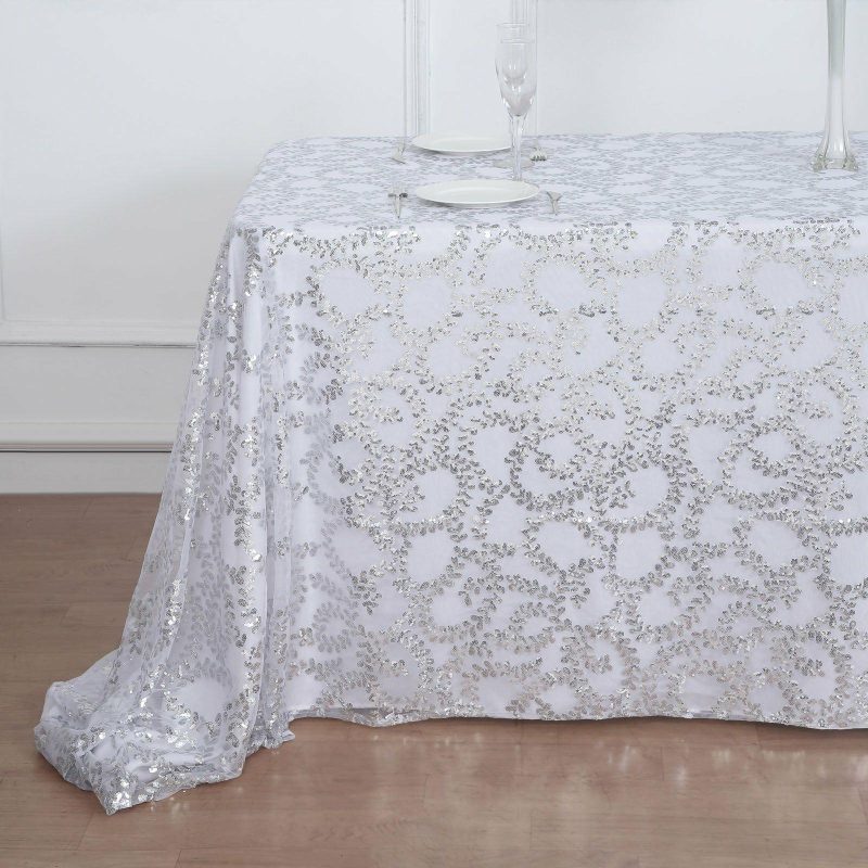 Silver Sequin Leaf Embroidered Tulle Rectangular Tablecloth 90″x156″ for 8 Foot Table With Floor-Length Drop  |   Sequin Sequin Sequin