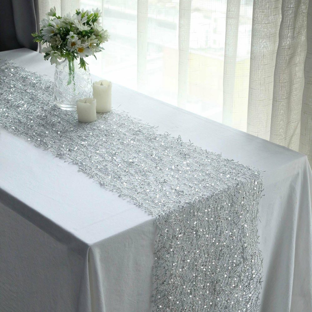 Silver Sequin Mesh Schiffli Lace Table Runner, Sparkly Party Table Decoration 12″x108″  |   Stylish Silver