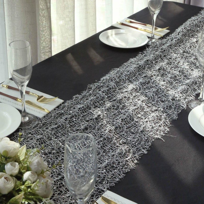 Silver Sequin Mesh Schiffli Lace Table Runner, Sparkly Party Table Decoration 12″x108″  |   Stylish Silver