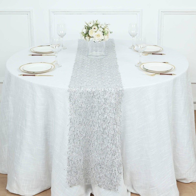 Silver Sequin Mesh Schiffli Lace Table Runner, Sparkly Party Table Decoration 12″x108″  |   Stylish Silver