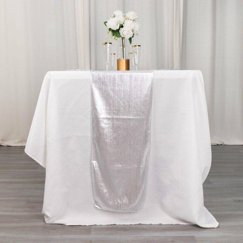 Silver Shimmer Sequin Dots Polyester Table Runner, Wrinkle Free Sparkle Glitter Table Runner 12″x108″  |   Stylish Stylish Silver