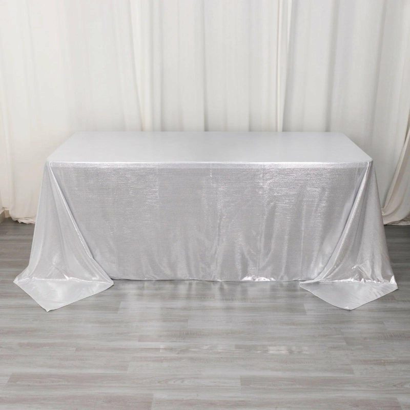 Silver Shimmer Sequin Dots Polyester Tablecloth, Wrinkle Free Sparkle Glitter Tablecover 90″x132″ for 6 Foot Table With Floor-Length Drop  |   Polyester Polyester Polyester