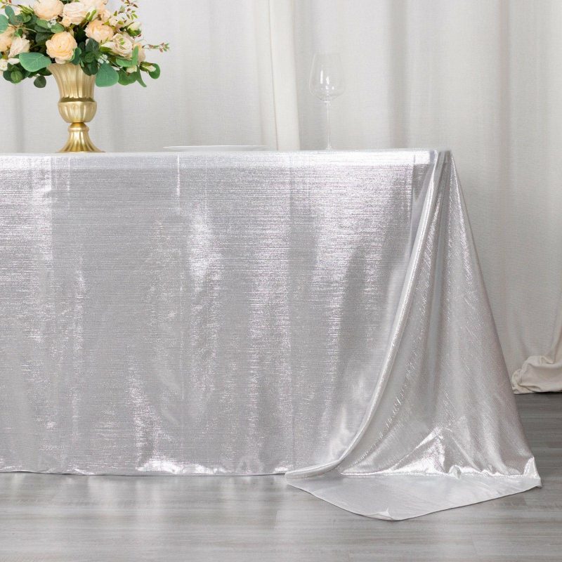 Silver Shimmer Sequin Dots Polyester Tablecloth, Wrinkle Free Sparkle Glitter Tablecover 90″x132″ for 6 Foot Table With Floor-Length Drop  |   Polyester Polyester Polyester