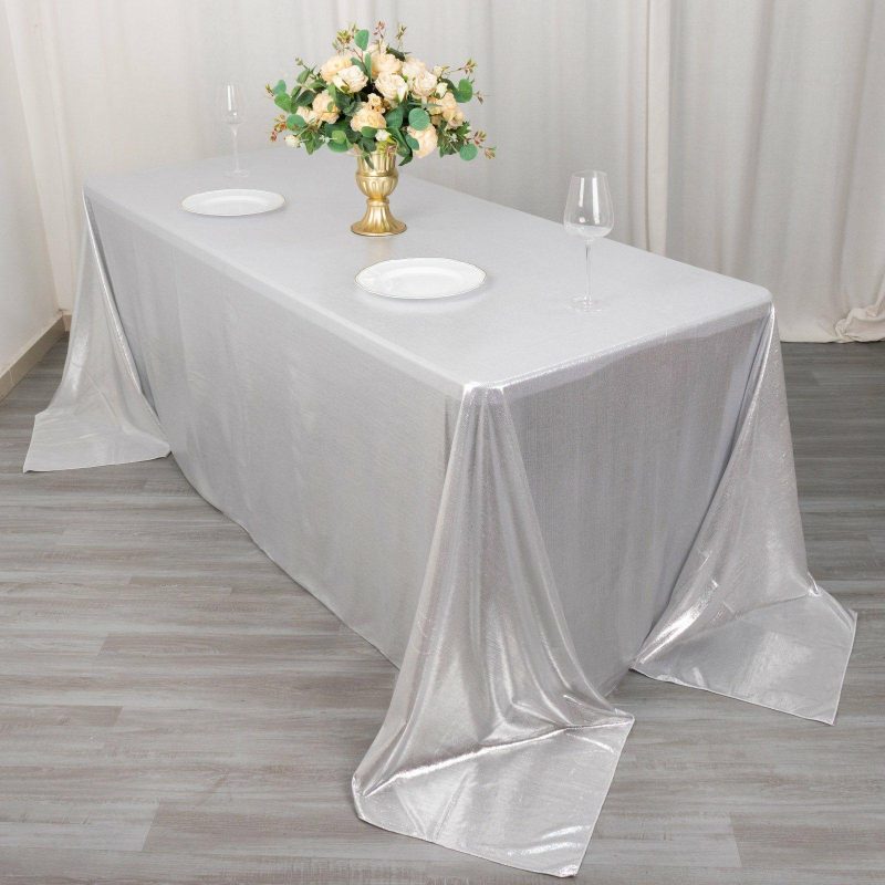 Silver Shimmer Sequin Dots Polyester Tablecloth, Wrinkle Free Sparkle Glitter Tablecover 90″x132″ for 6 Foot Table With Floor-Length Drop  |   Polyester Polyester Polyester