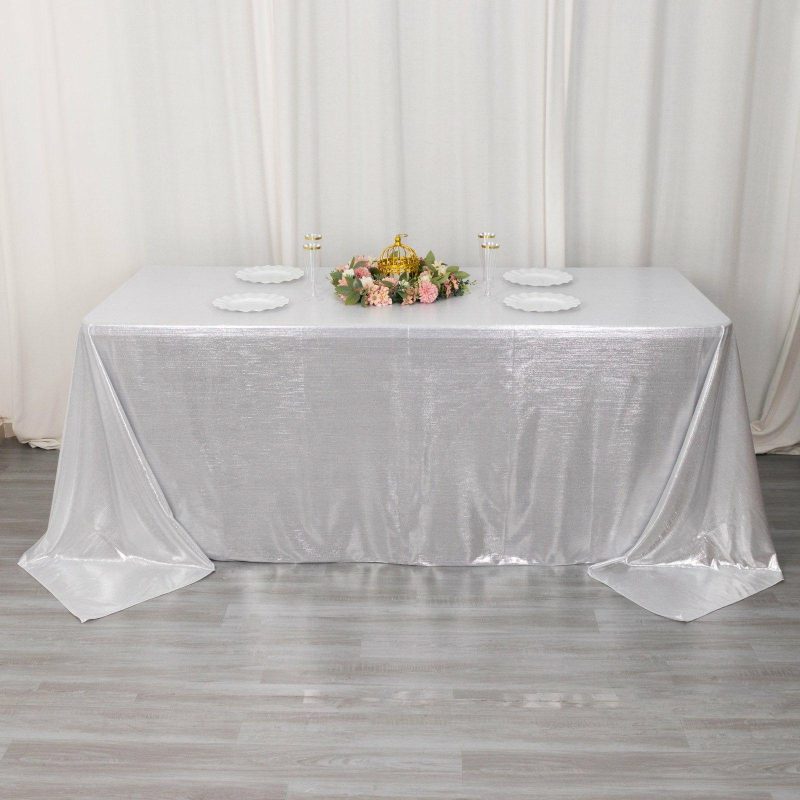 Silver Shimmer Sequin Dots Polyester Tablecloth, Wrinkle Free Sparkle Glitter Tablecover 90″x132″ for 6 Foot Table With Floor-Length Drop  |   Polyester Polyester Polyester