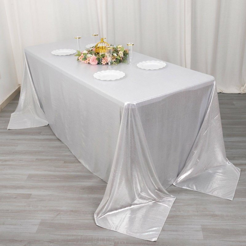 Silver Shimmer Sequin Dots Polyester Tablecloth, Wrinkle Free Sparkle Glitter Tablecover 90″x132″ for 6 Foot Table With Floor-Length Drop  |   Polyester Polyester Polyester