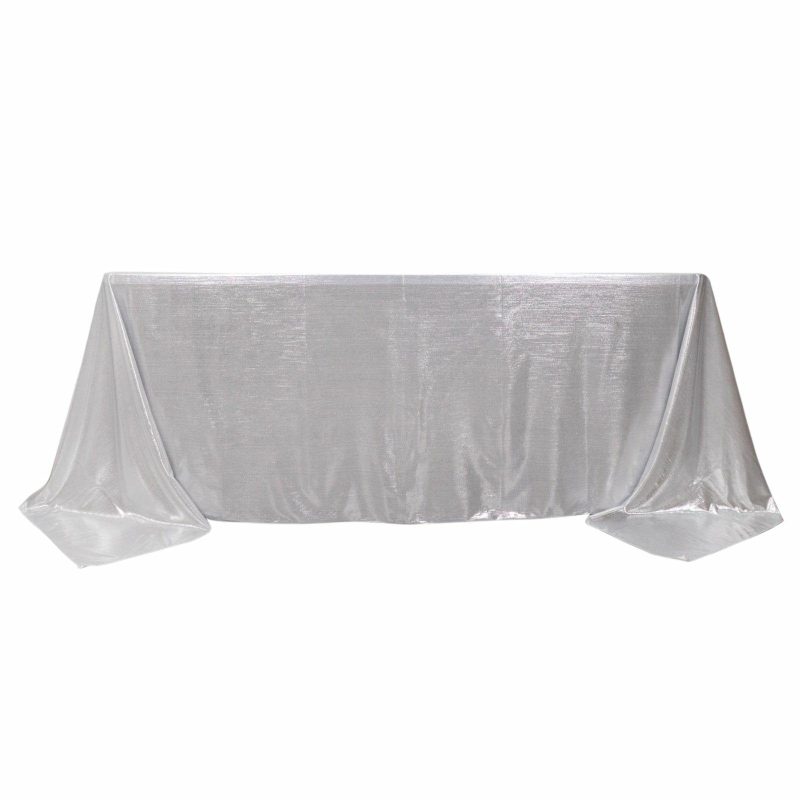 Silver Shimmer Sequin Dots Polyester Tablecloth, Wrinkle Free Sparkle Glitter Tablecover 90″x132″ for 6 Foot Table With Floor-Length Drop  |   Polyester Polyester Polyester