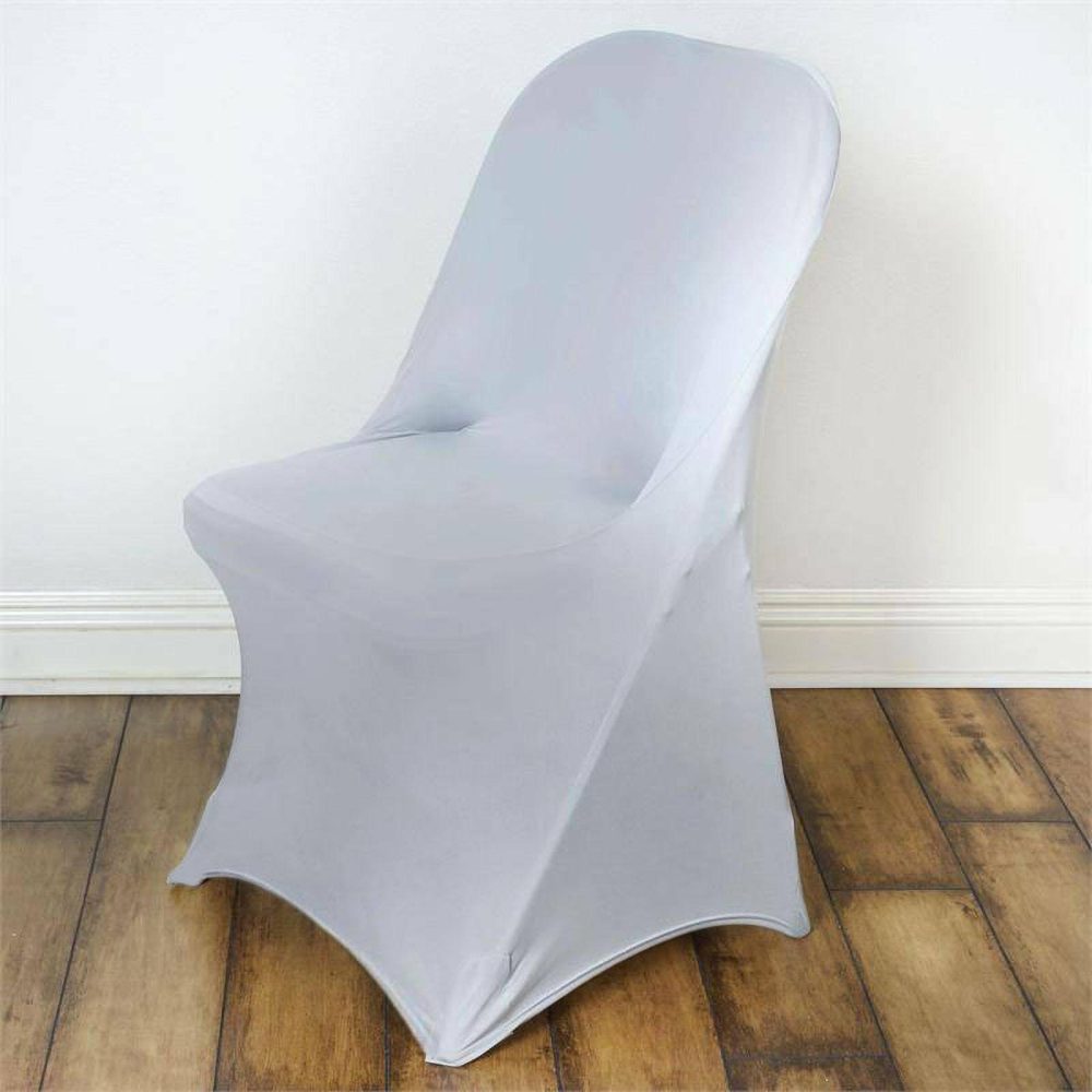 Silver Spandex Stretch Fitted Folding Slip On Chair Cover 160 GSM  |   Spandex Fitted Folding Chair Covers Silver