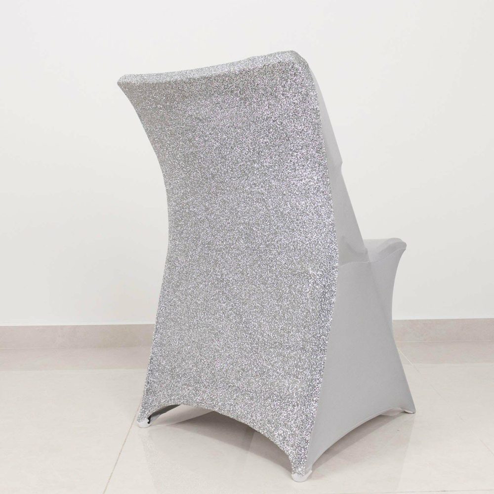 Silver Spandex Stretch Folding Chair Cover, Fitted Chair Cover with Metallic Shimmer Tinsel Back  |   Spandex Fitted Folding Chair Covers Silver