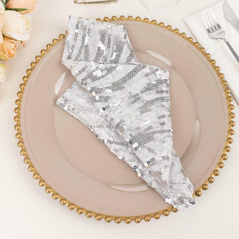 Silver Wave Embroidered Sequin Mesh Dinner Napkin, Reusable Decorative Napkin 20″x20″  |   Shimmer & Sequin Cloth Napkins Shimmer & Sequin