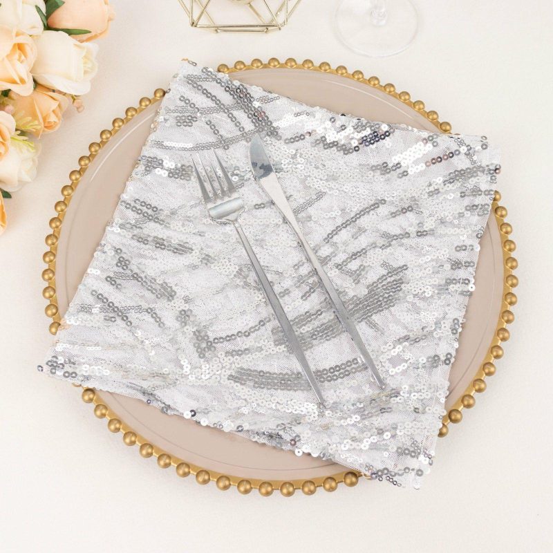 Silver Wave Embroidered Sequin Mesh Dinner Napkin, Reusable Decorative Napkin 20″x20″  |   Shimmer & Sequin Cloth Napkins Shimmer & Sequin