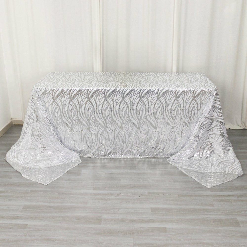 Silver Wave Mesh Rectangular Tablecloth With Embroidered Sequins 90″x156″ for 8 Foot Table With Floor-Length Drop  |   Sequin Sequin Sequin