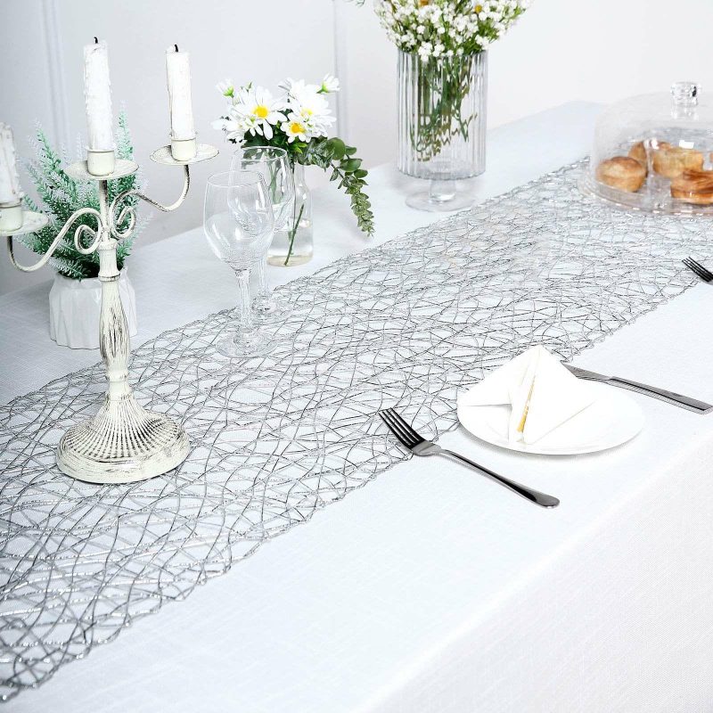 Silver Wire Nest Table Runner, Metallic String Woven Runner 16″x72″  |   Stylish Stylish Silver