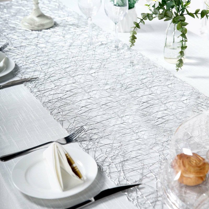 Silver Wire Nest Table Runner, Metallic String Woven Runner 16″x72″  |   Stylish Stylish Silver